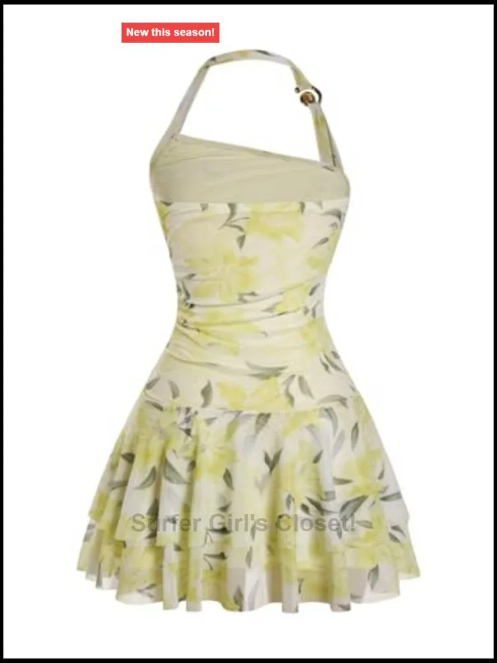 Women's Halter Mini Dress Floral Ruffle Hem Backless Summer